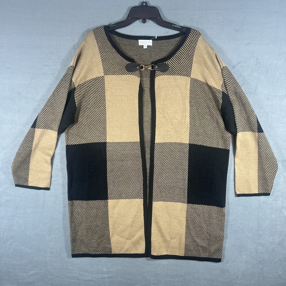 BIRCH NY Women's 1X Plus Size Plaid Knit Cardigan Sweater Tan‎ Black Open Front